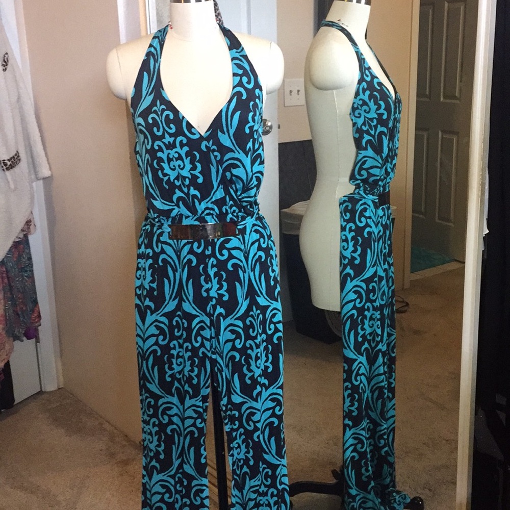 BLUE S, backless long pant romper size Medium